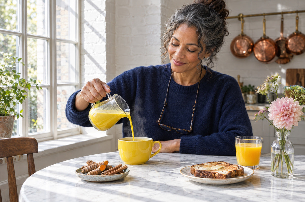 A woman pours a golden latte into a yellow cup at a sunlit breakfast table.