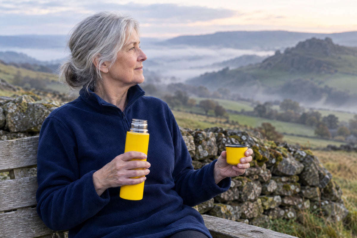 A British woman in her sixties in a plain navy fleece sits on a weathered bench beside a dry-stone wall above misty Peak District hills at dawn, a yellow enamel flask in one hand and its cup in the other