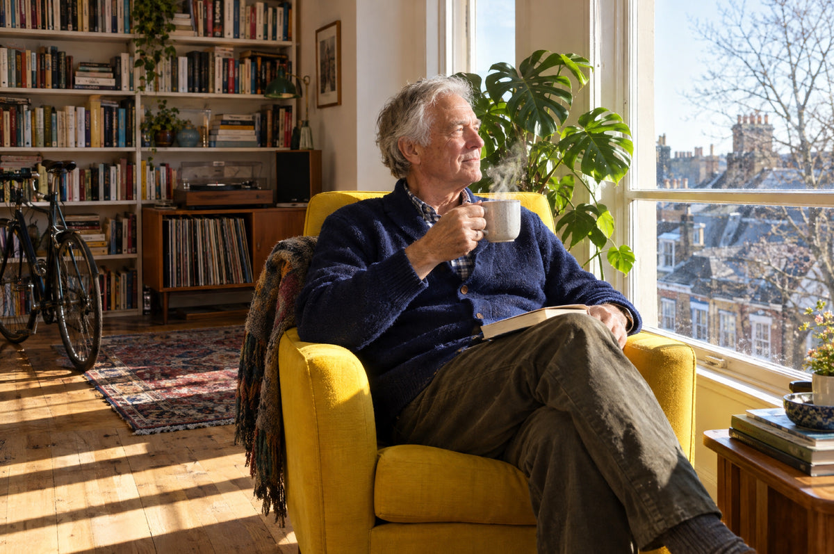 An older man sits in a yellow armchair by a tall window with winter sun across him.