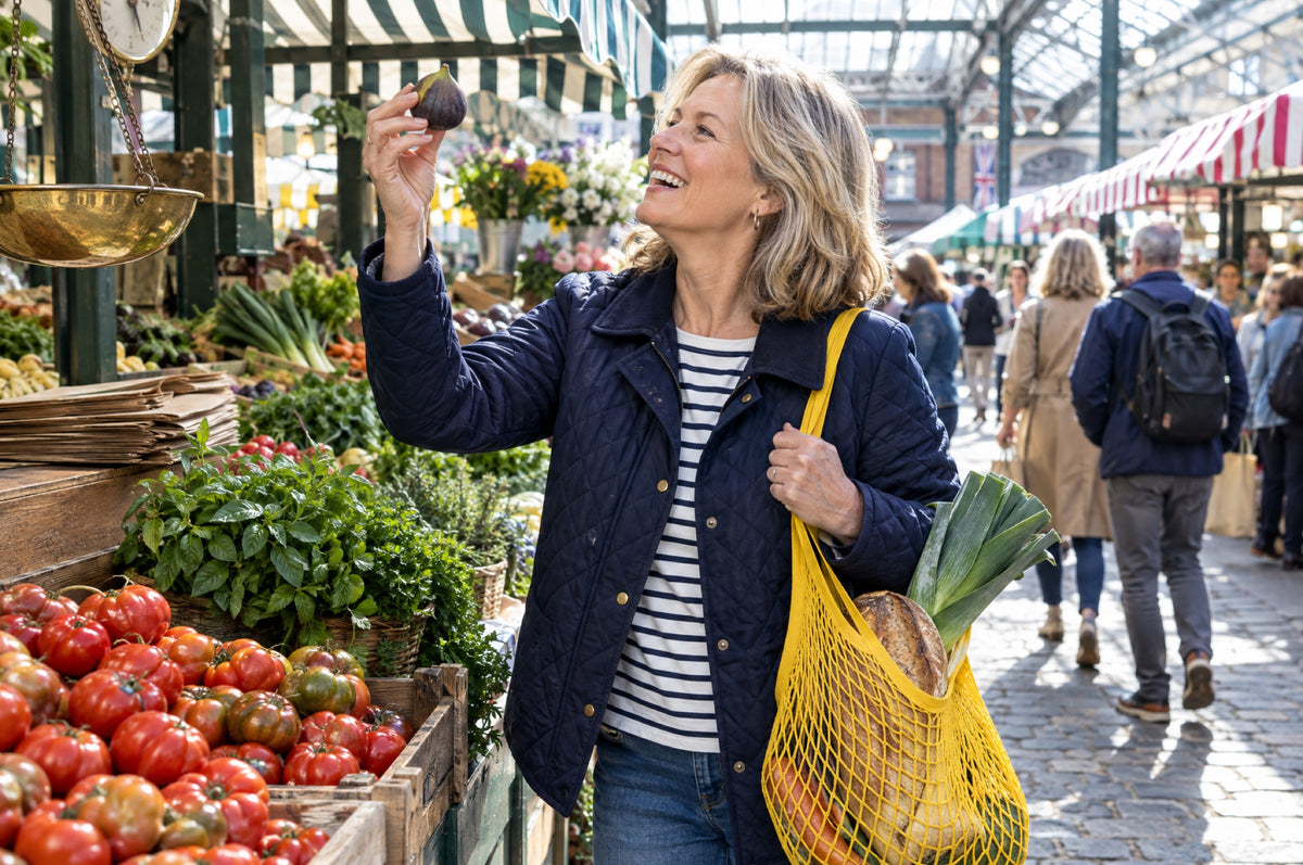A woman holds up a fig at a market stall, a yellow string bag of vegetables on her arm.