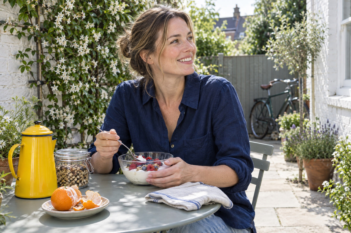 A woman eats yoghurt and berries at a sunny garden table beside a yellow coffee pot.