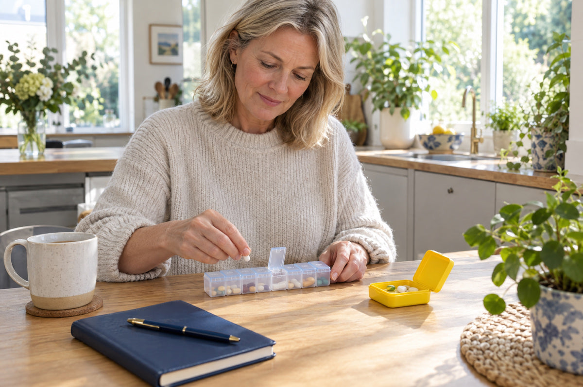A woman in a cream jumper fills a weekly pill organiser at a sunny kitchen table, a mug of tea, a navy notebook and a small yellow pill box beside her.