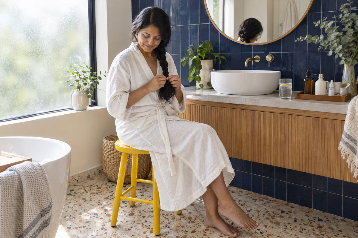 A woman braids her hair on a yellow stool in a bright bathroom with navy tiles.