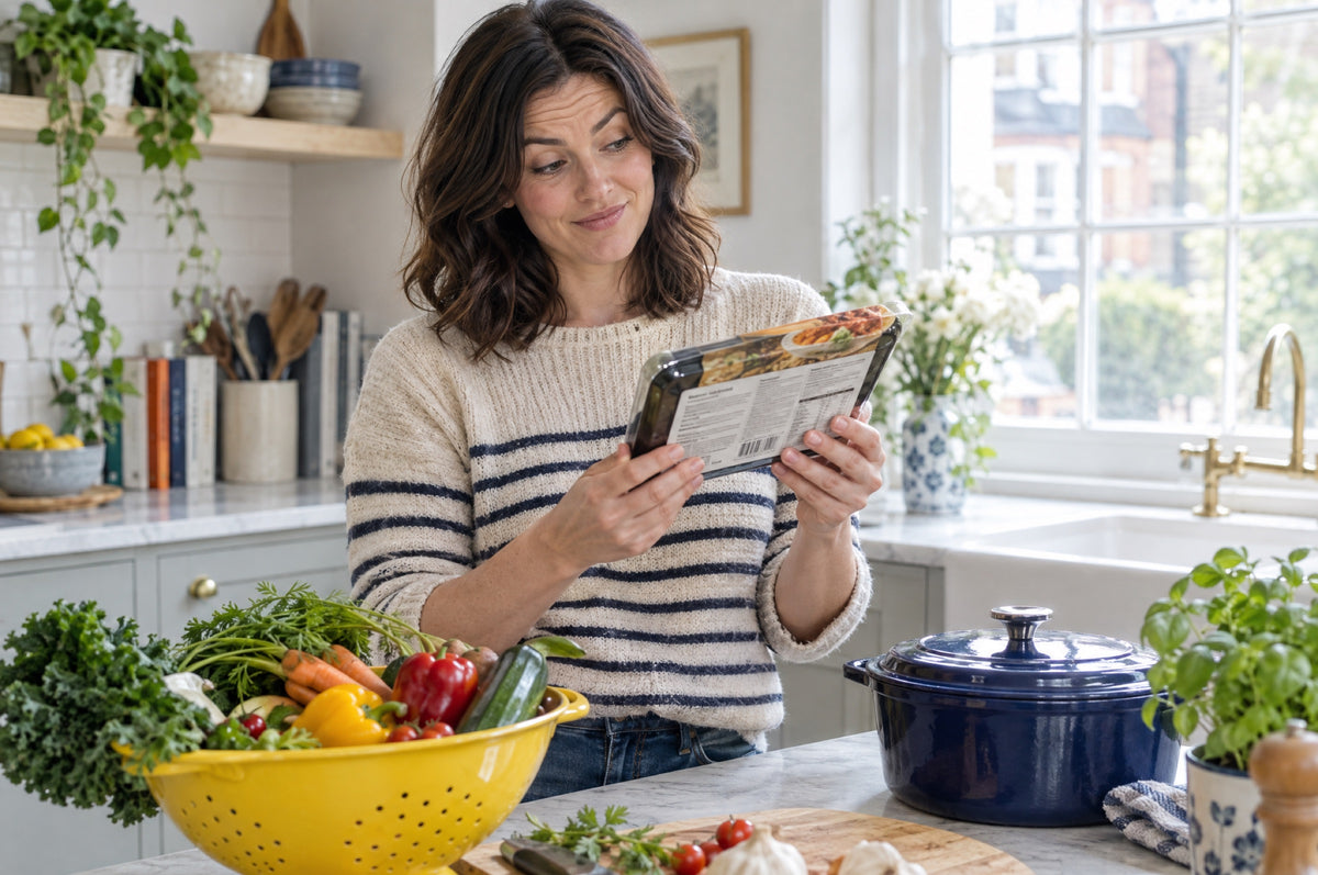 A woman in a striped jumper reads the label on a ready-meal packet with a sceptical smile in a bright kitchen, a yellow colander of fresh vegetables and a navy casserole dish on the counter.