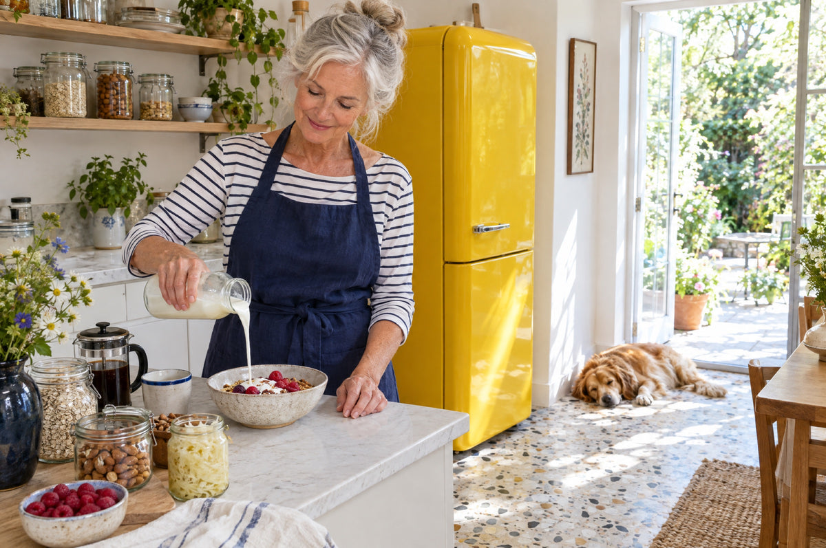 An older woman in a navy apron pours kefir over granola in a sunny kitchen with a yellow fridge.