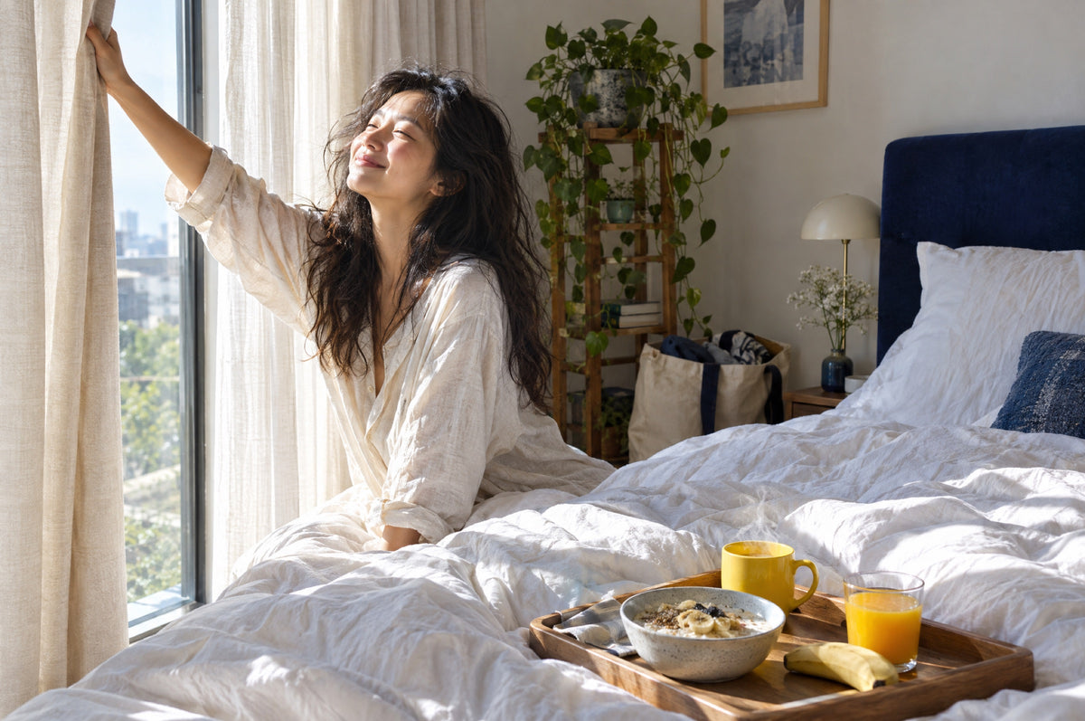 A young woman opens bedroom curtains to morning sun with a breakfast tray and a yellow mug on the bed.