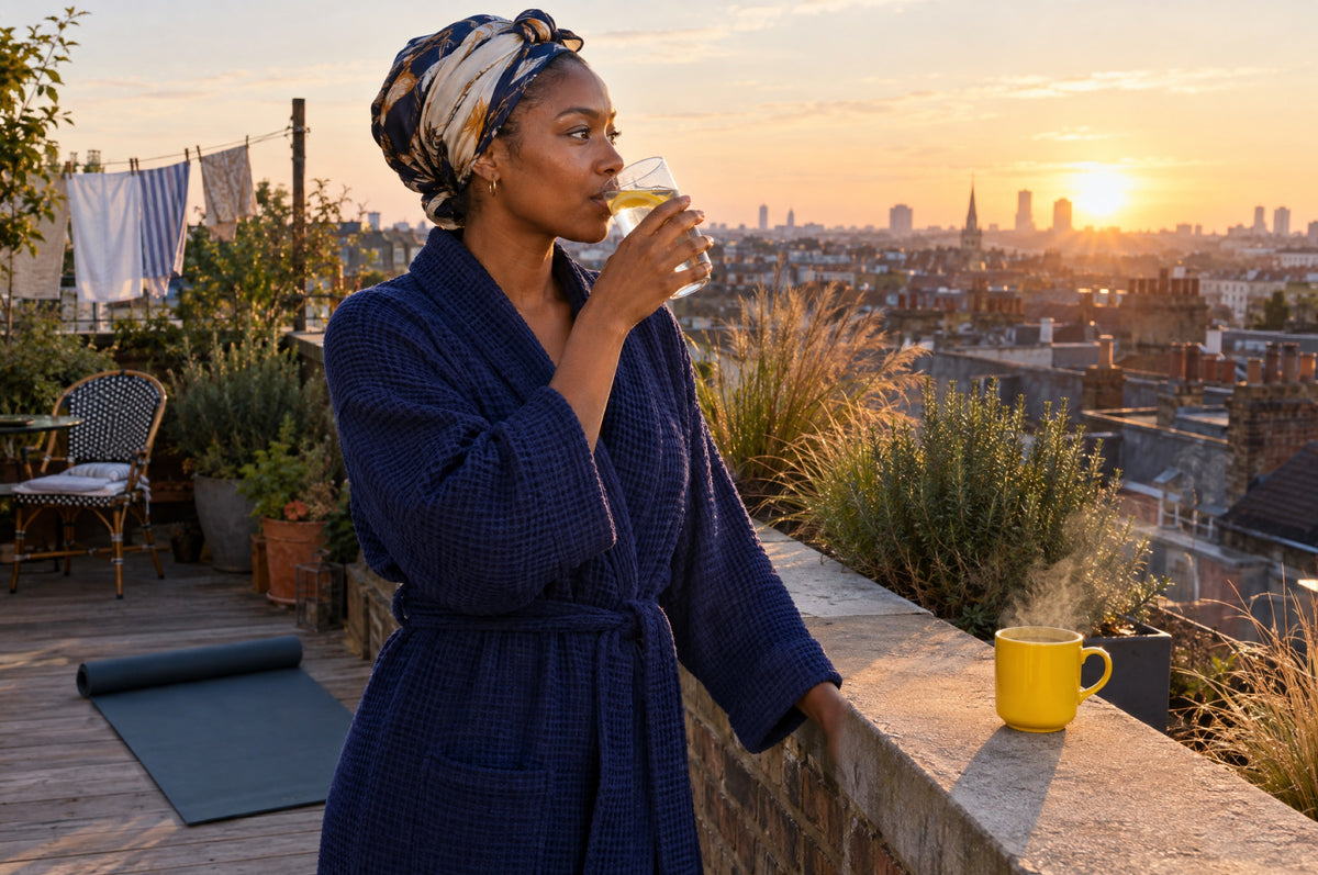 A woman in a navy dressing gown drinks water on a rooftop at sunrise with a yellow mug on the ledge.