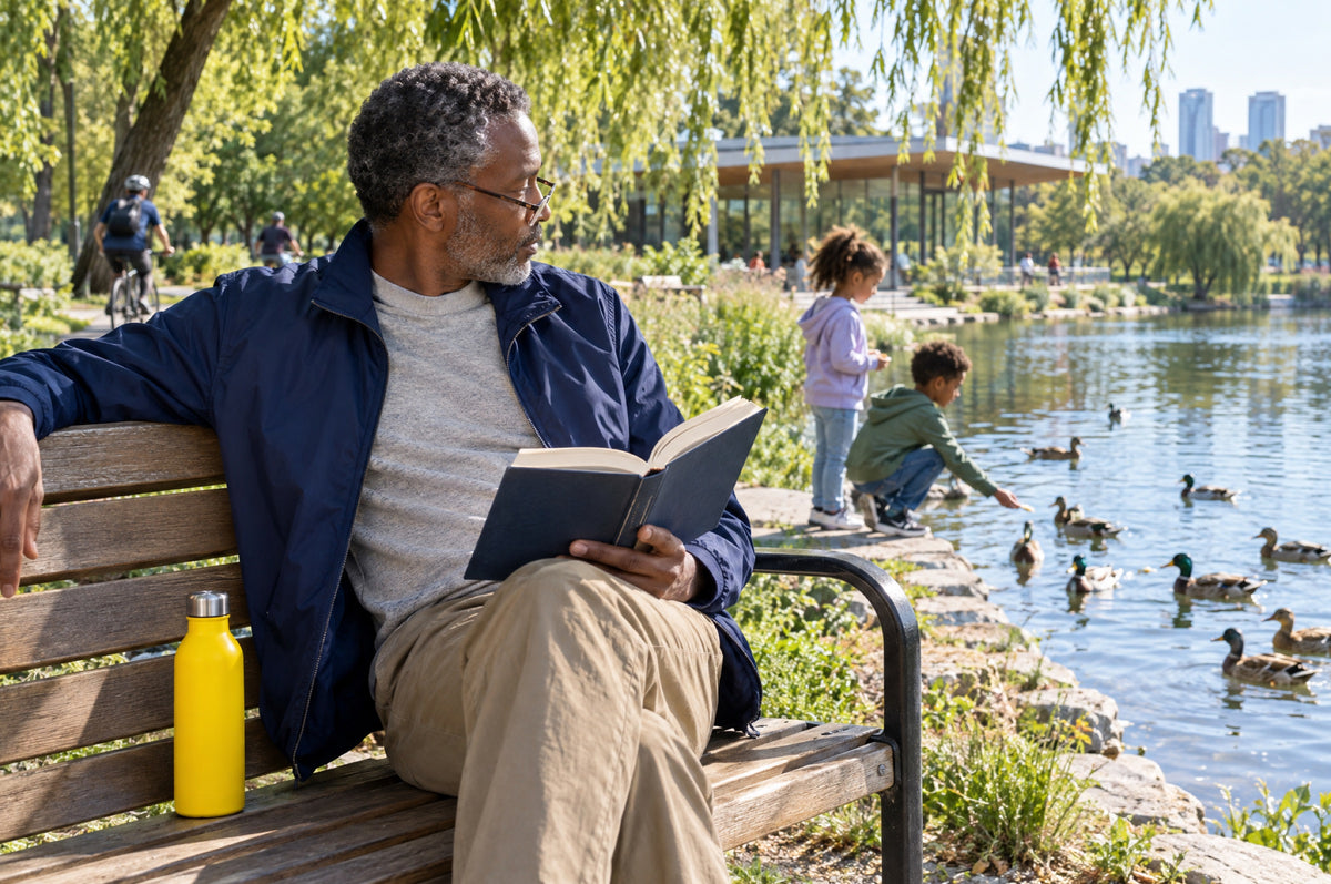 A man reads on a park bench beside a yellow flask with a pond behind him.