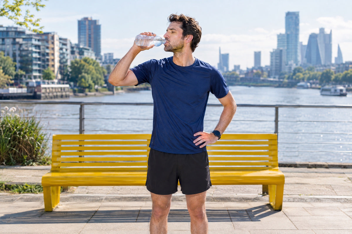 A British man in his thirties in a navy running top drinks from a water bottle, his other hand on his hip, beside a yellow bench on a sunny riverside path after a run.