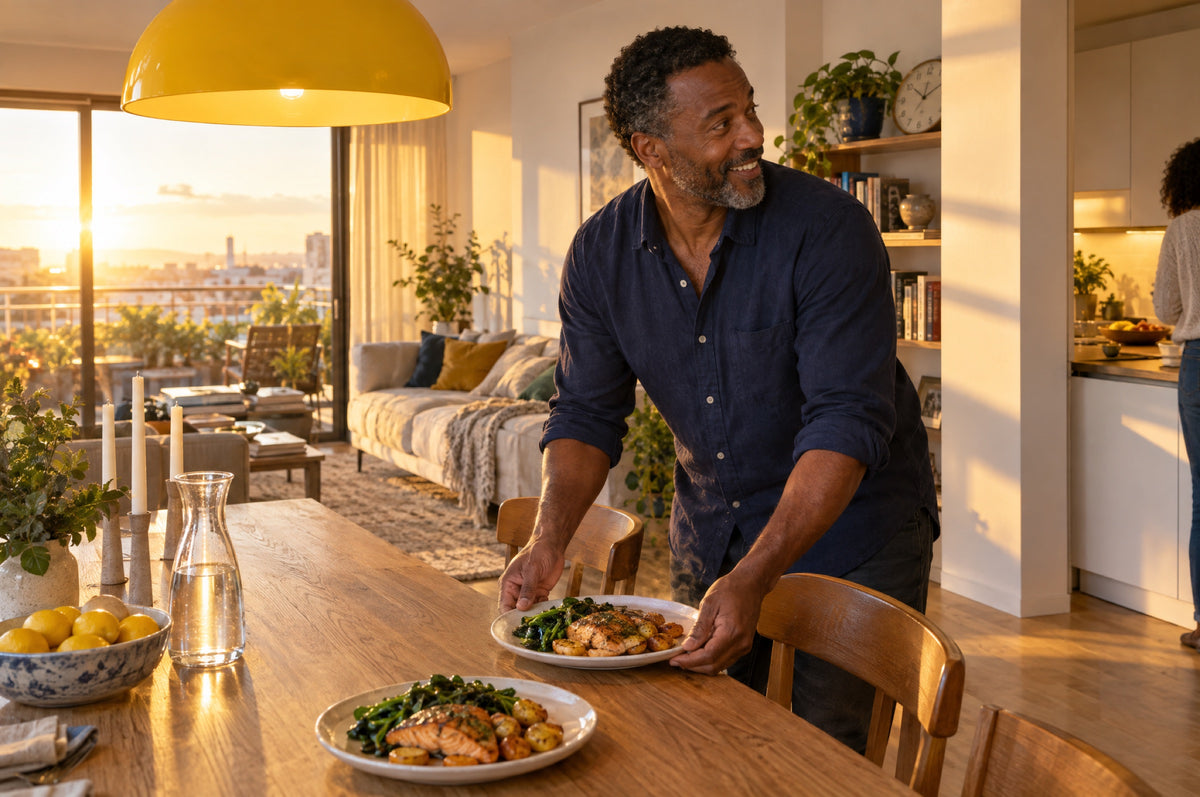 A man sets a plate of salmon on a dining table beneath a yellow pendant lamp at golden hour.