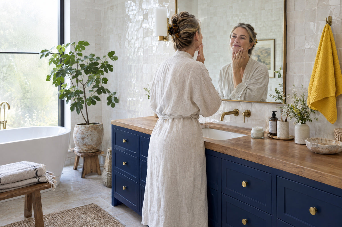 A woman applies moisturiser at a bathroom mirror above a navy vanity with a yellow towel beside her.