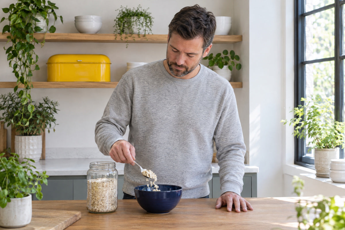 A British man in his forties spoons porridge oats into a navy bowl at a bright kitchen counter, his other hand on the worktop, a large yellow enamel bread bin on the shelf behind him and morning light from a tall window.