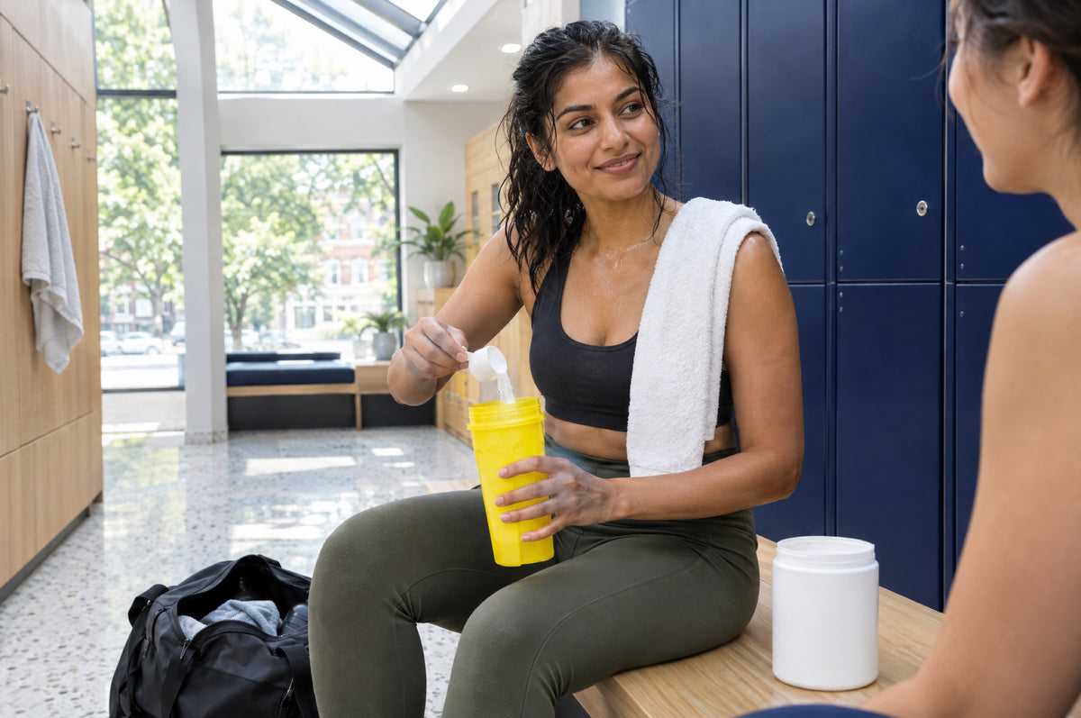 A woman tips a scoop into a yellow shaker bottle on a bench in a bright changing room with navy lockers.