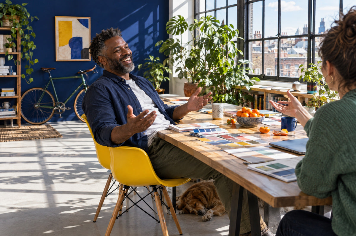 A man in a yellow chair laughs at a studio worktable in front of a navy wall.
