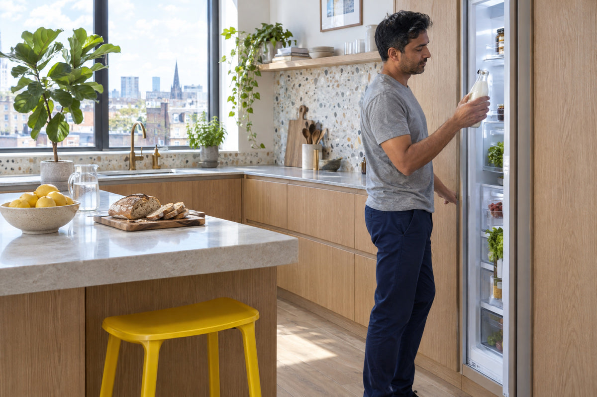 A man takes a bottle of kefir from an open fridge in a sunlit modern kitchen with a yellow stool.