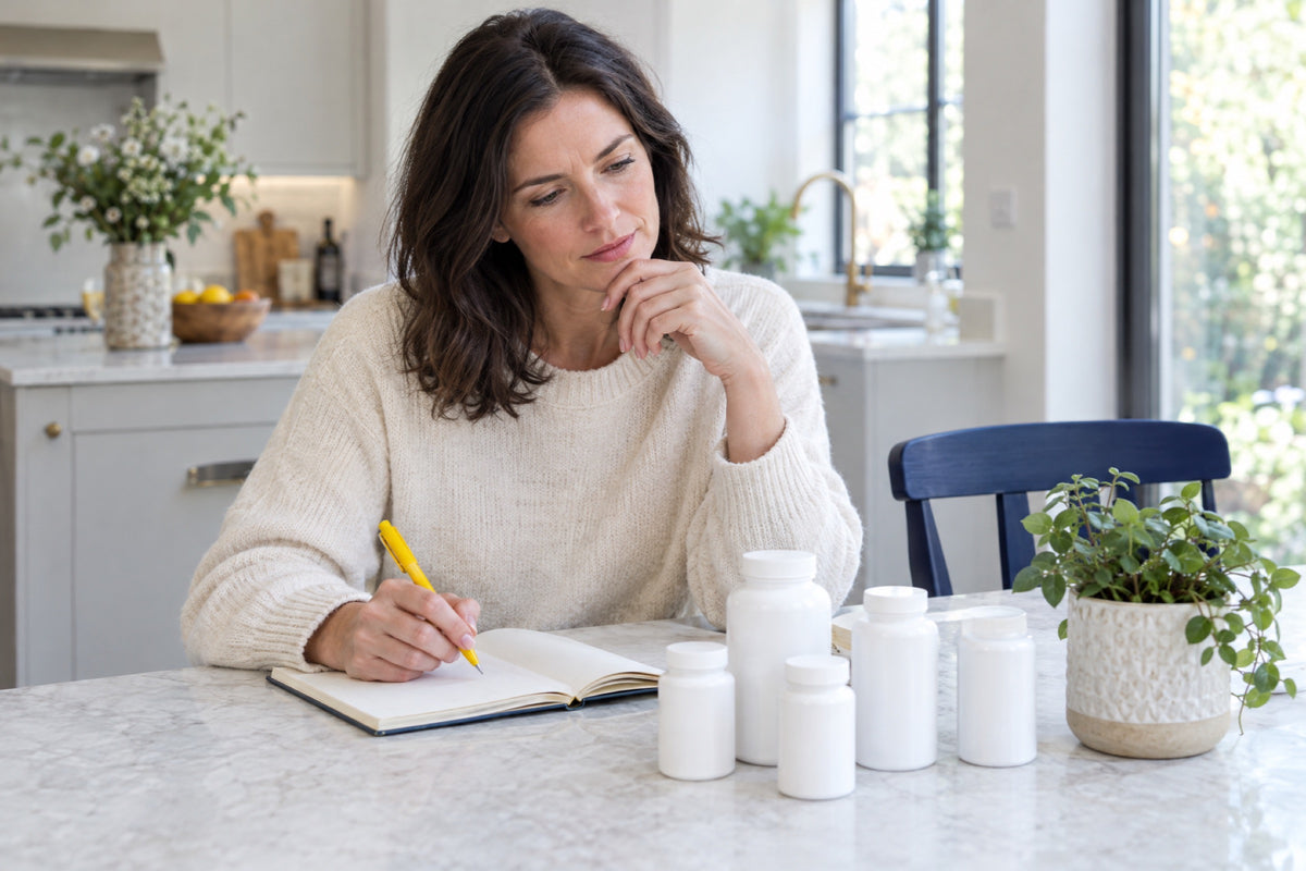 A woman in a cream jumper rests her chin on one hand and writes in a notebook with a yellow pen, a row of plain white tubs on the kitchen table