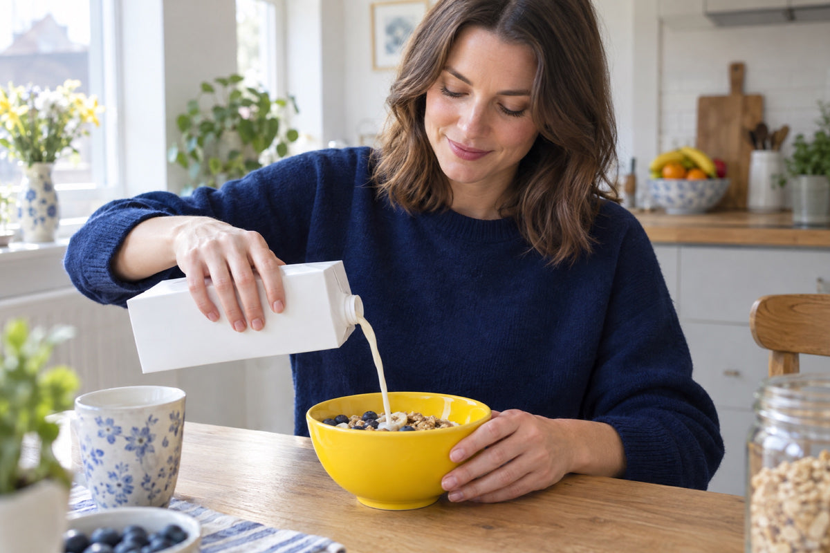A woman in her thirties in a navy jumper pours oat drink from a plain unlabelled carton over a bowl of cereal at a bright kitchen table, one hand on the carton and the other steadying a yellow ceramic bowl, morning window light.