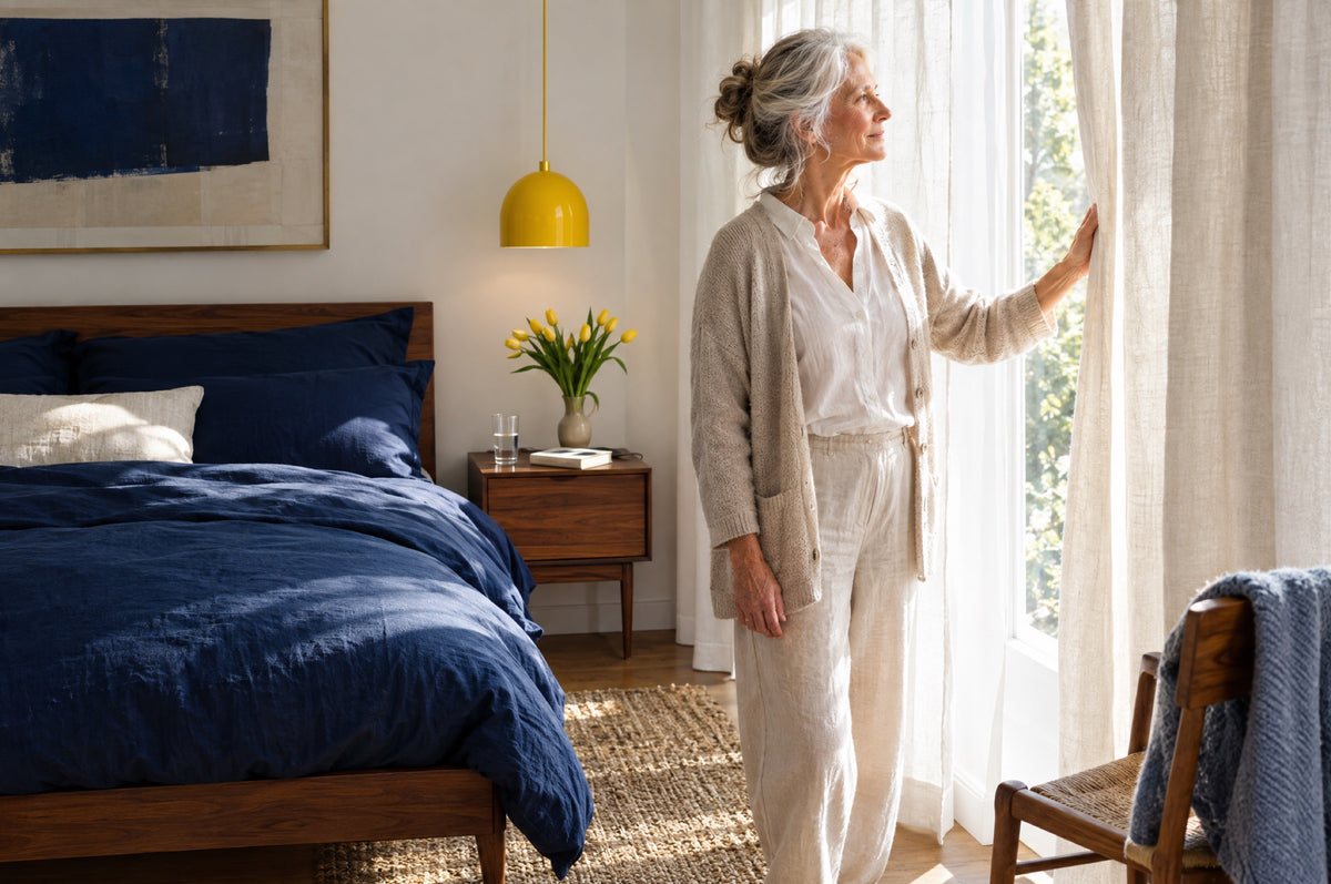 An older woman opens the curtains of a bright bedroom with navy bedding and a yellow pendant lamp.
