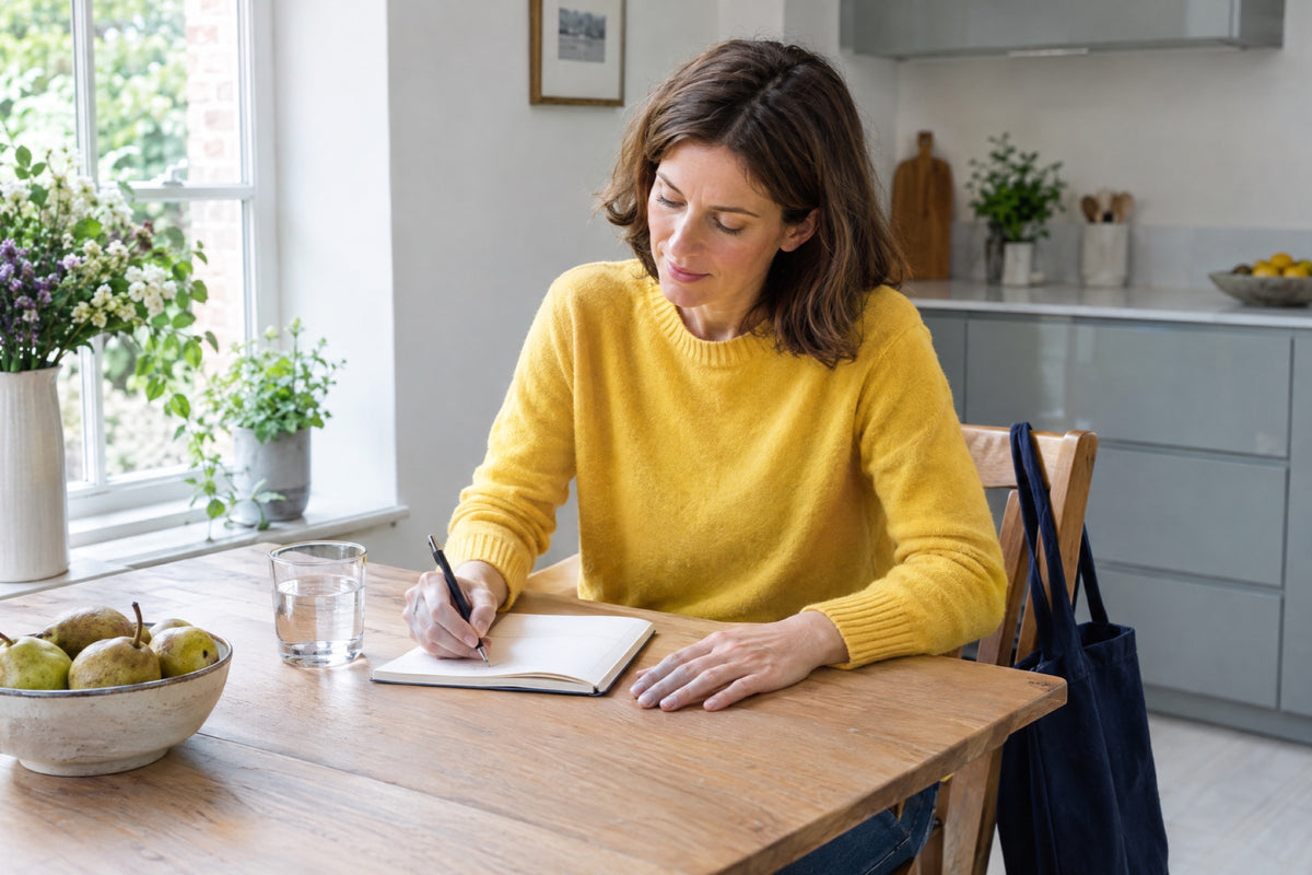 A woman in her forties in a yellow jumper writing in a notebook at a kitchen table beside a glass of water and a bowl of pears, a navy tote bag hanging on the chair