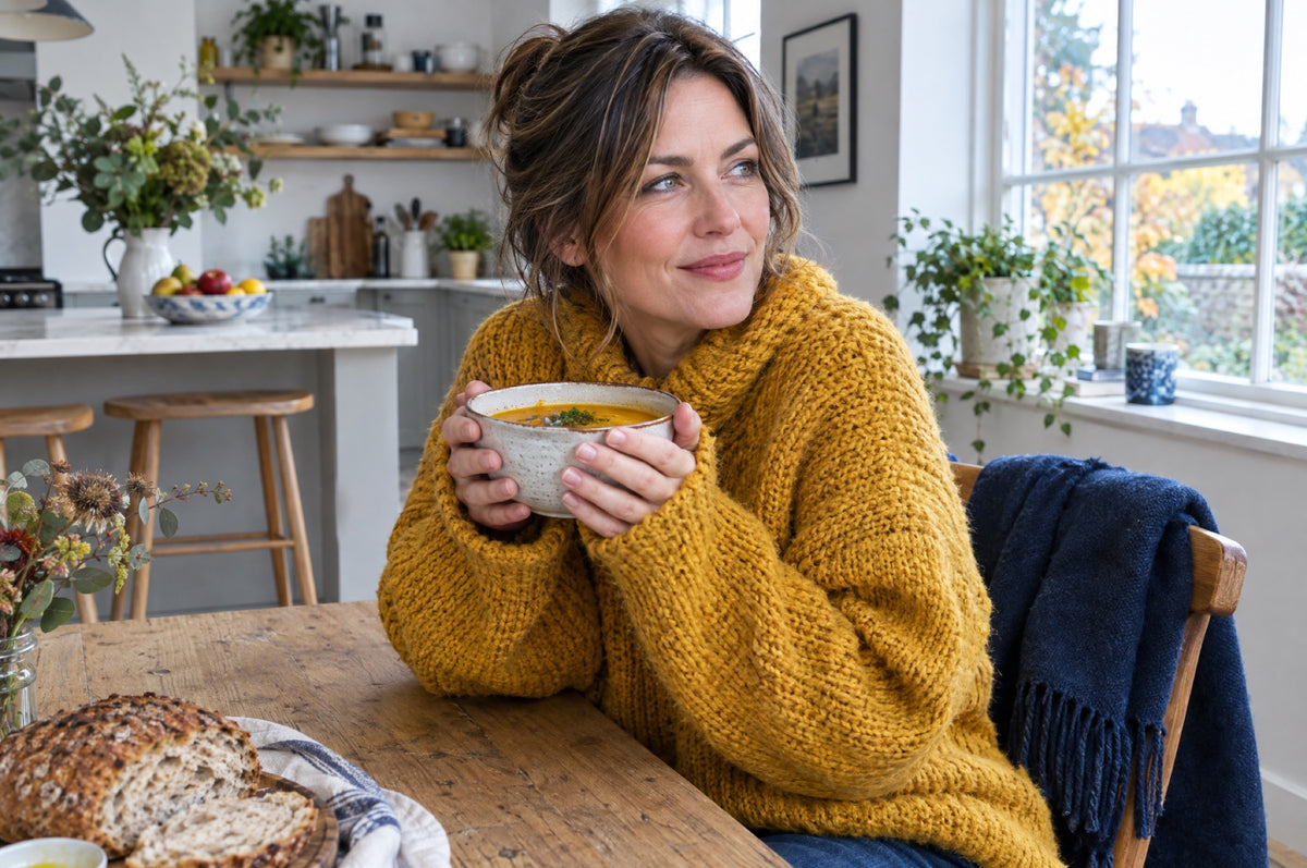 A woman in a chunky mustard-yellow jumper warms her hands around a bowl of soup at a kitchen table, a navy scarf over the chair and autumn trees through the window.