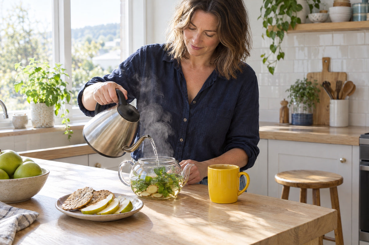 A woman in a navy shirt pours hot water over fresh mint in a glass teapot beside a yellow mug.