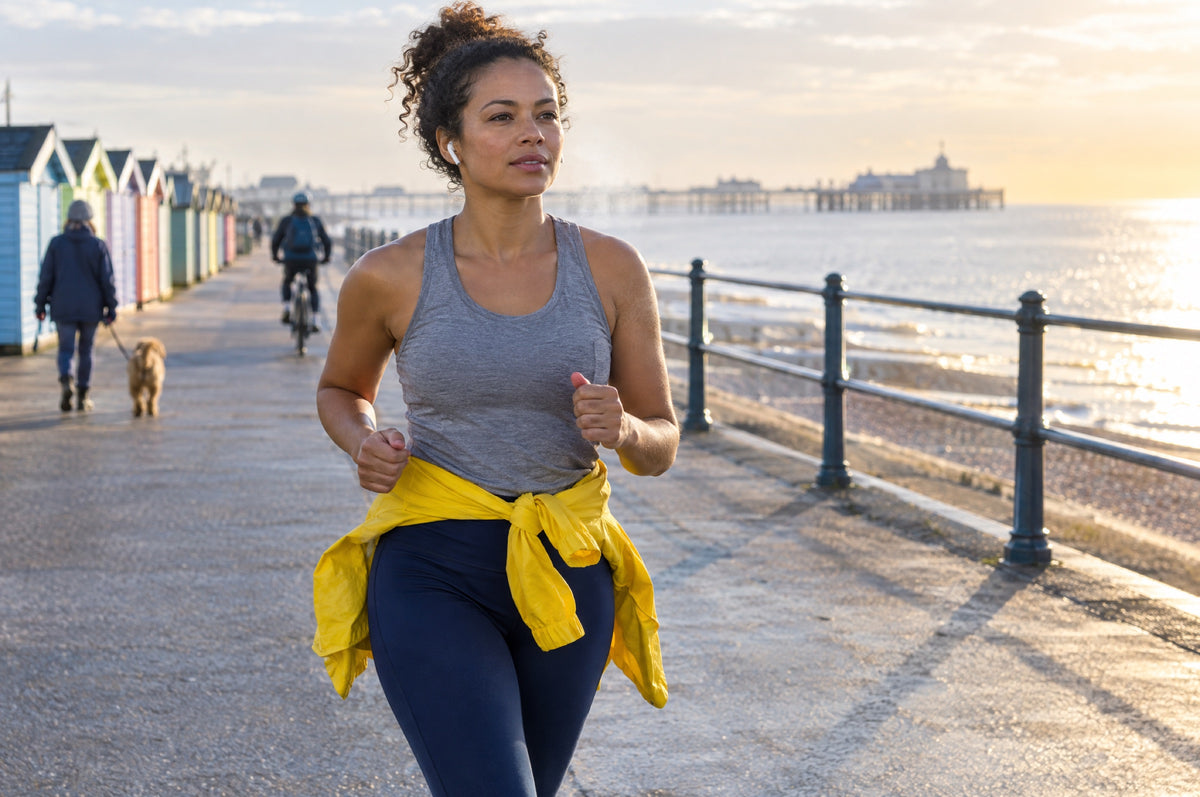 A woman in navy leggings runs along a seafront at sunrise with a yellow jacket tied around her waist.