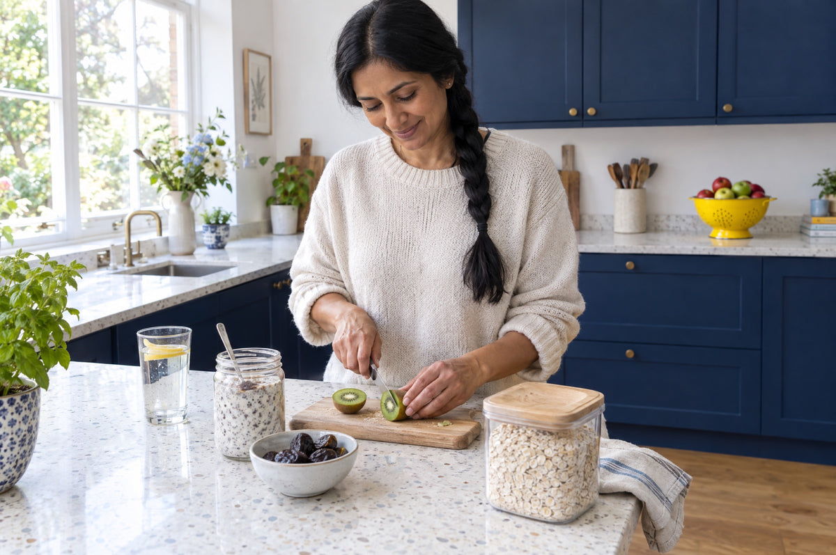 A woman slices kiwis on a board in a bright kitchen with navy cabinets, a jar of chia and yoghurt, prunes, oats and a glass of water beside her.
