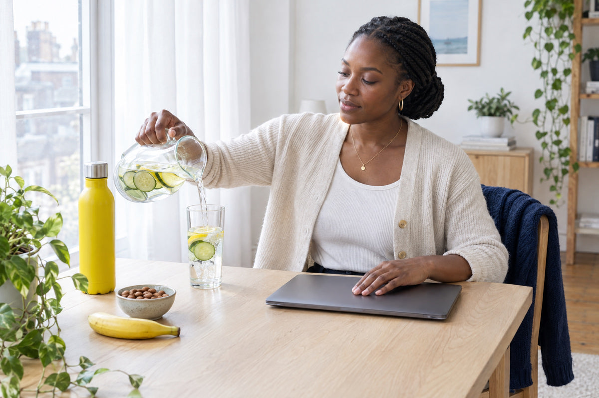 A woman pours water with lemon and cucumber from a jug into a glass at a sunny desk, a yellow bottle and a navy cardigan beside her.
