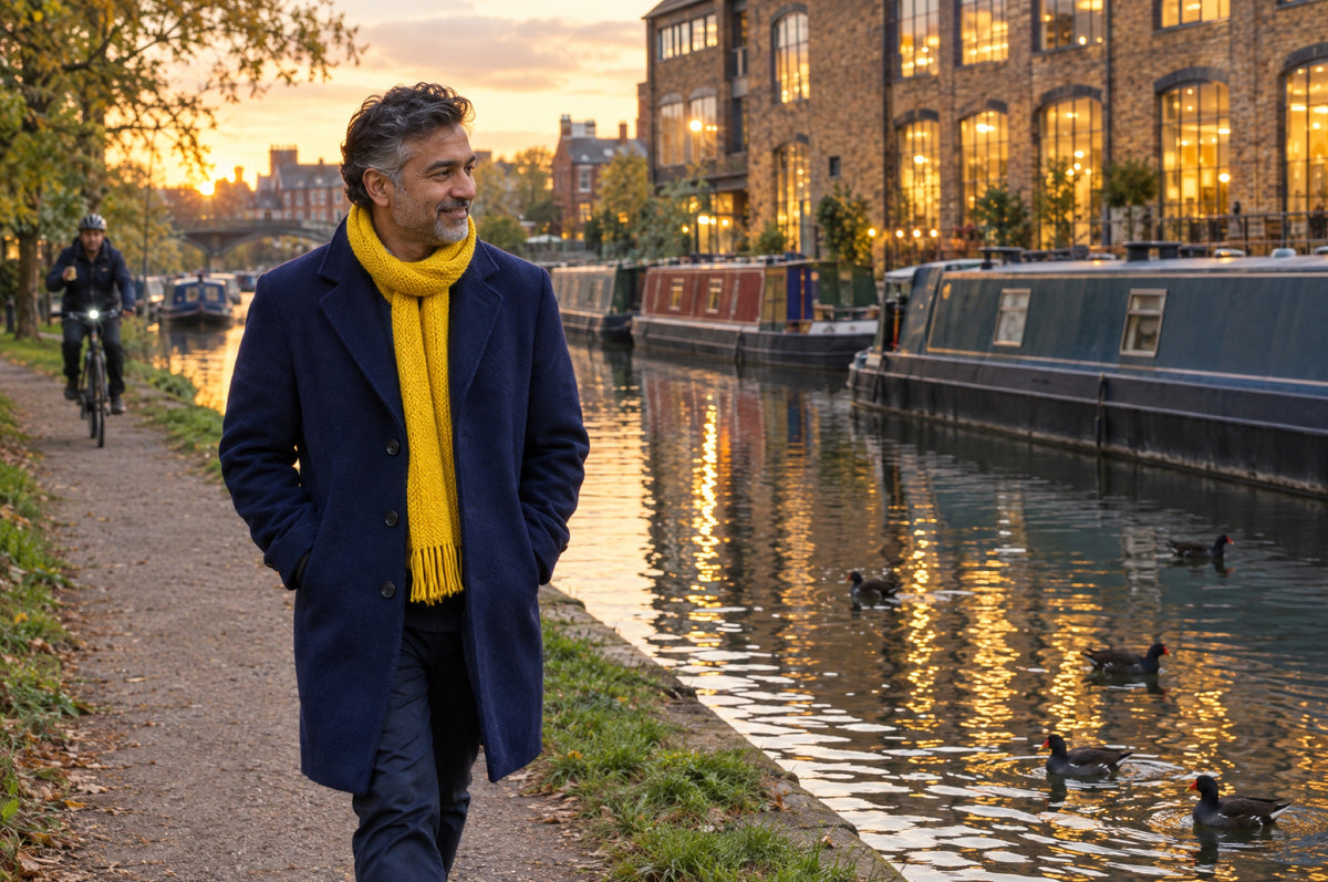 A man in a navy coat and yellow scarf walks along a canal towpath in evening light.