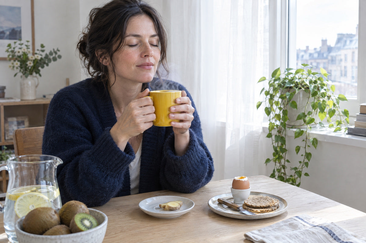 A woman in a navy cardigan breathes in the steam from a yellow mug of ginger tea at a sunny table set with a boiled egg, oatcakes and kiwis.
