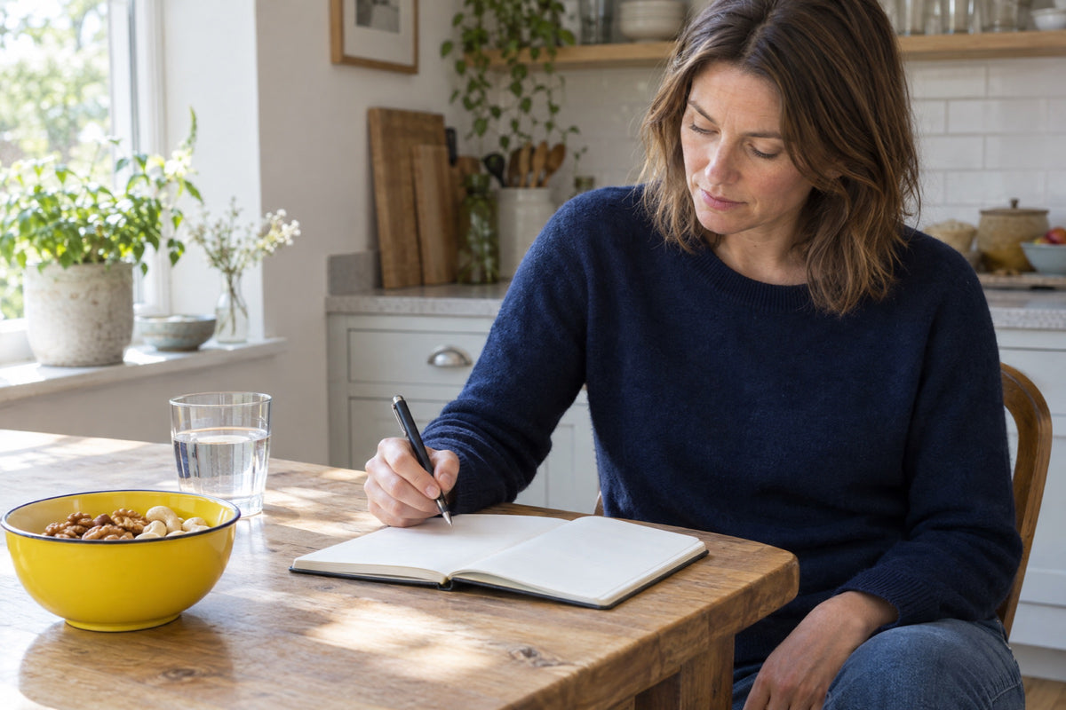 A woman in a navy jumper writes in a notebook at a wooden kitchen table beside a yellow enamel bowl of walnuts and cashews and a glass of water.